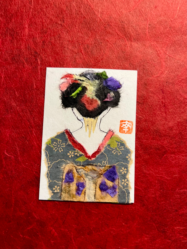 Geisha San (back of her life) - Japanese Washi art aceo art card
