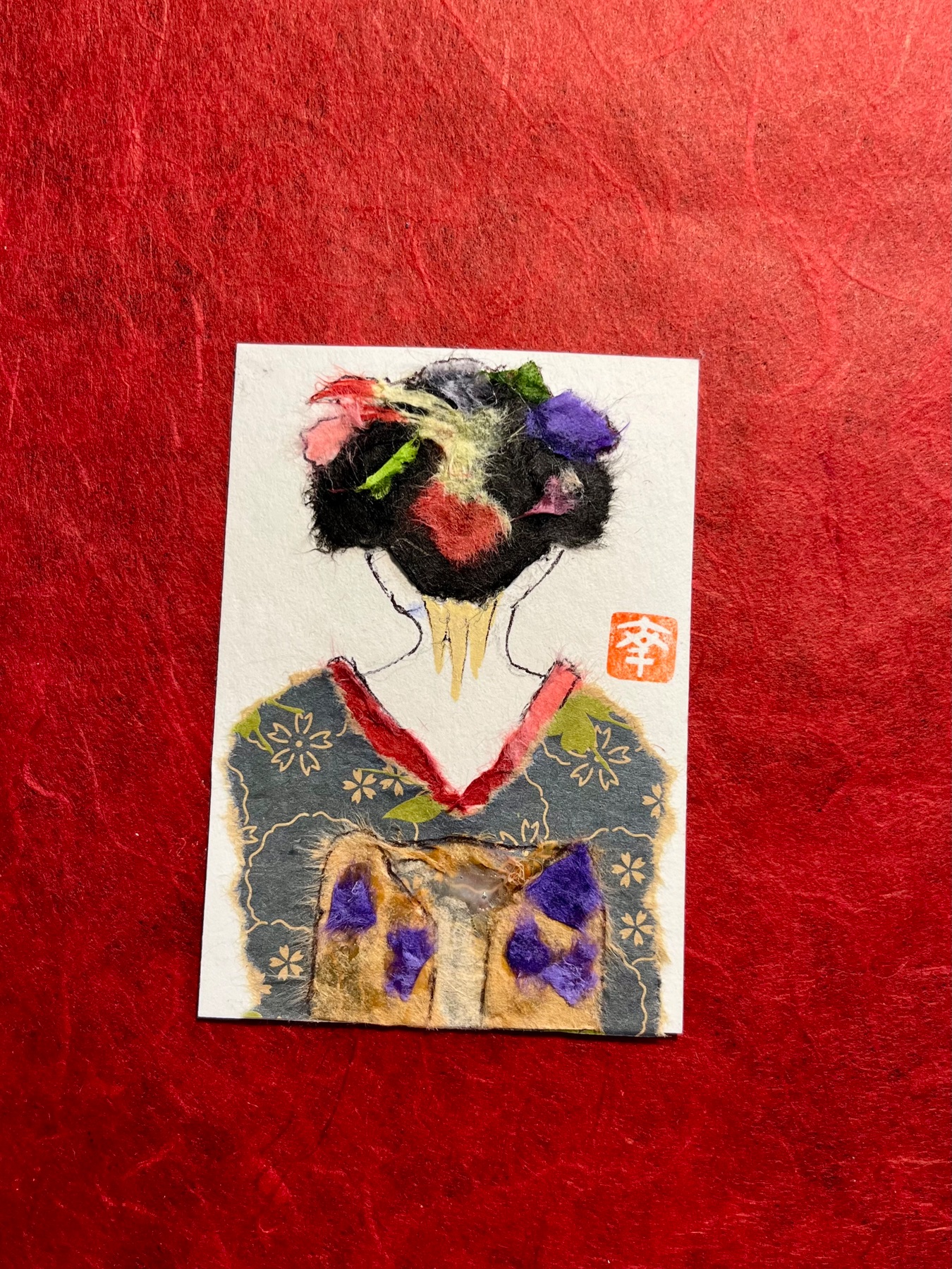 Geisha San (back of her life) - Japanese Washi art aceo art card