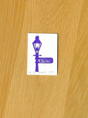 Bourbon Street New Orleans Lamp Post Hand-carved Lino Print Mini ACEO aceo art card thumbnail 1