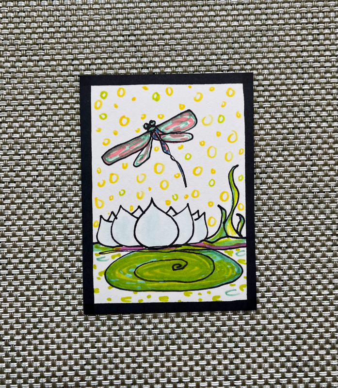 “The Lotus and the Dragonfly Visiting” aceo art card