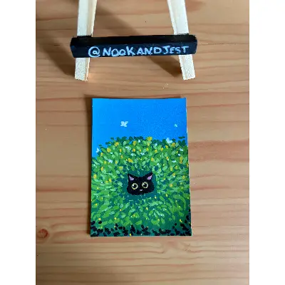 Black cat in a bush - acrylic marker on bristol paper aceo art card thumbnail 2