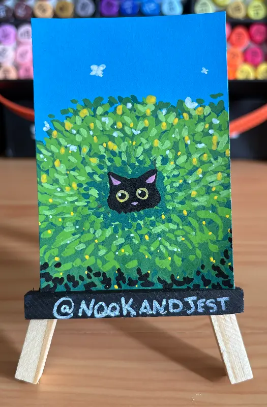 Black cat in a bush - acrylic marker on bristol paper aceo art card