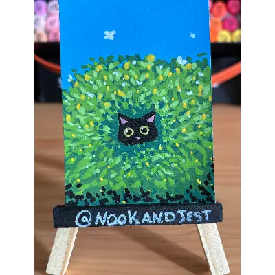 Black cat in a bush - acrylic marker on bristol paper aceo art card thumbnail 1