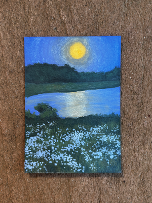 Nighttime landscape, field of flowers, moon, water aceo art card thumbnail 2