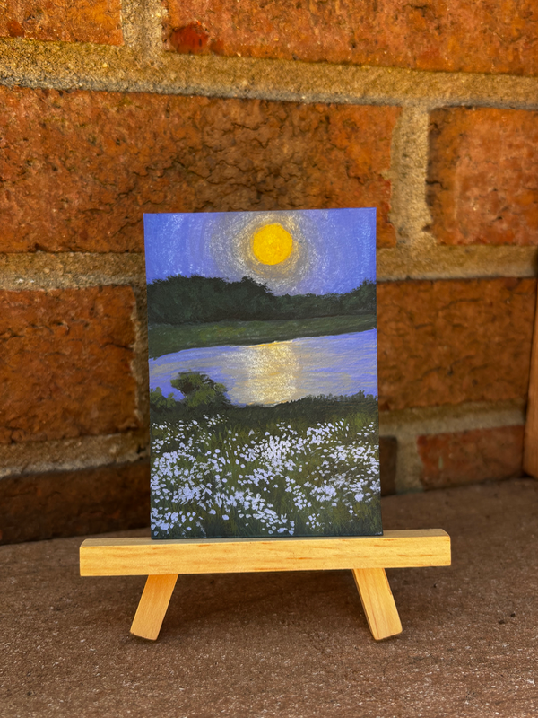 Nighttime landscape, field of flowers, moon, water aceo art card