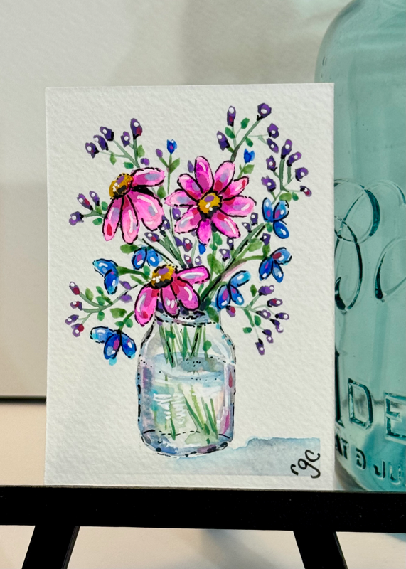 Floral Vase, Glass Painting, Watercolor Flowers, Colorful Watercolor aceo art card
