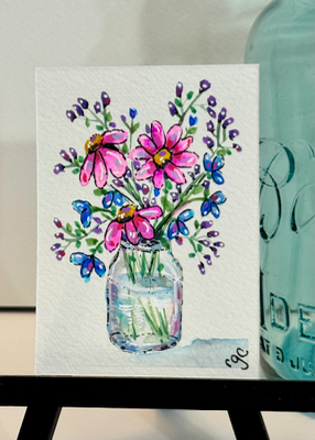 Glass Vase of Flowers, Colorful Watercolor aceo art card thumbnail 2