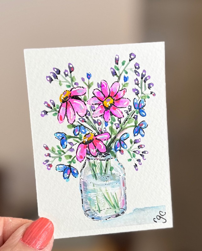 Glass Vase of Flowers, Colorful Watercolor aceo art card