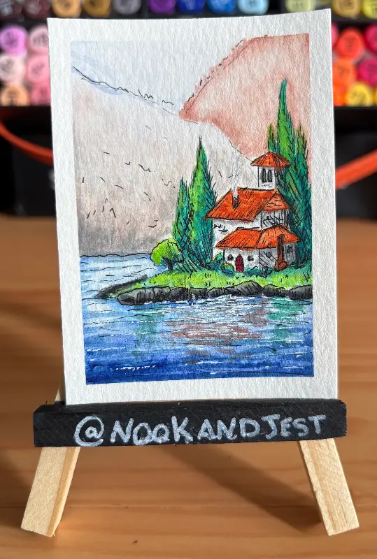 cottage house on the water - gouache and ink on watercolor paper aceo art card