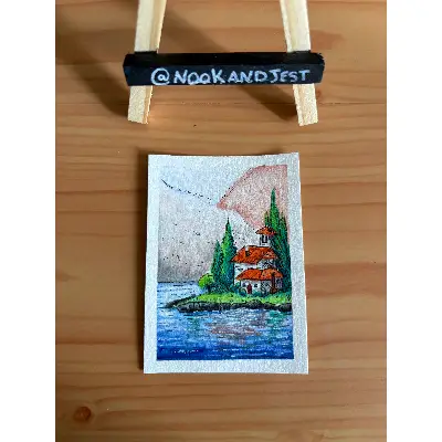 cottage house on the water - gouache and ink on watercolor paper aceo art card thumbnail 2