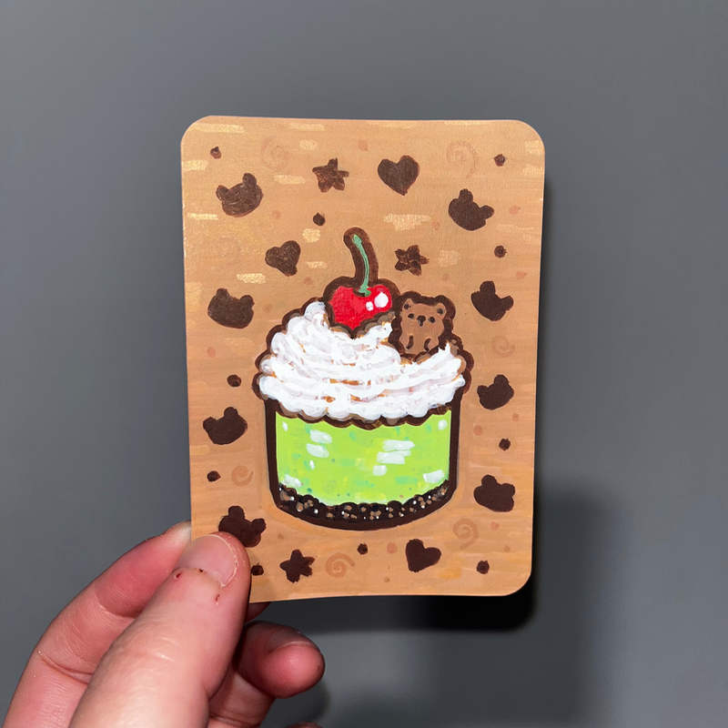 original aceo food sweets pastry cake whipped cream cherry teddy bear cookie aceo art card