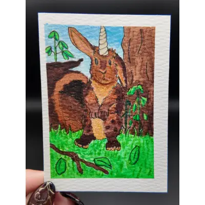 "Curious in the Clover"  Original ACEO — Watercolor & Archival Ink with Metallic Watercolor Detail aceo art card thumbnail 1
