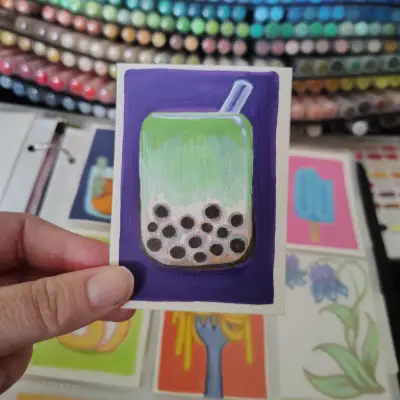 Matcha Boba Tea aceo art card thumbnail 1