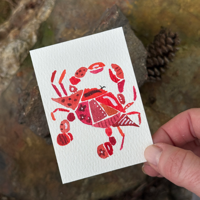 ACEO original, Crab, Seafood, Patchwork, Watercolor, 3.5x2.5in, Red,  By Lark Watercolor and Art aceo art card thumbnail 2