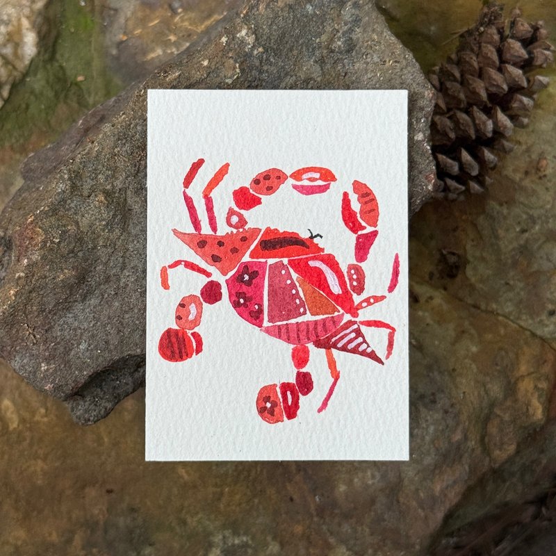 ACEO original, Crab, Seafood, Patchwork, Watercolor, 3.5x2.5in, Red,  By Lark Watercolor and Art aceo art card