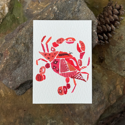 ACEO original, Crab, Seafood, Patchwork, Watercolor, 3.5x2.5in, Red,  By Lark Watercolor and Art aceo art card thumbnail 1
