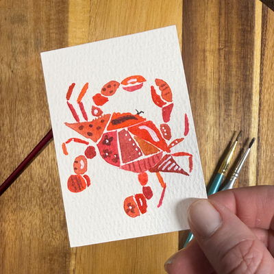 ACEO original, Crab, Seafood, Patchwork, Watercolor, 3.5x2.5in, Red,  By Lark Watercolor and Art aceo art card thumbnail 4