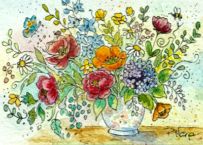 ACEO ORIGINAL Blooming Bouquet Flowers Watercolor/ Ink -Art by PHarp Watercolors aceo art card thumbnail 1