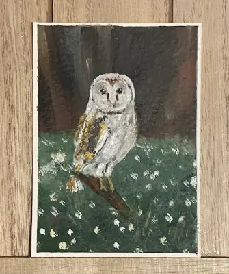 Owl in a the land of Clovers aceo art card thumbnail 1