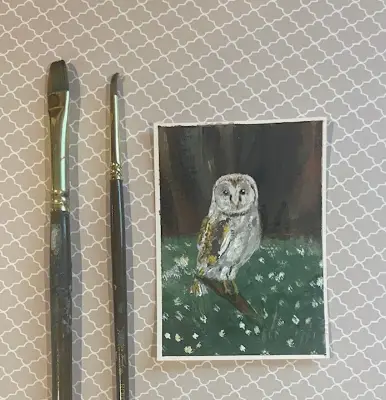 Owl in a the land of Clovers aceo art card thumbnail 2