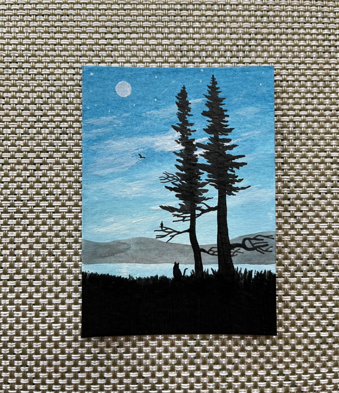 “Under the Big Blue Sky” Cat, Pine Tree, Full Moon, Lake Silhouette aceo art card