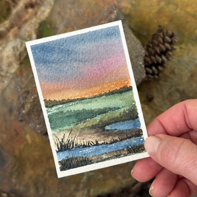 ACEO Watercolor, Landscape, Original, Marsh, “Colorful Land”, 3.5x2.5in, By Lark Watercolor and Art aceo art card thumbnail 2