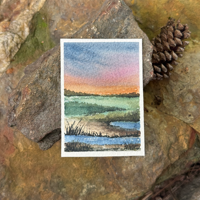 ACEO Watercolor, Landscape, Original, Marsh, “Colorful Land”, 3.5x2.5in, By Lark Watercolor and Art aceo art card