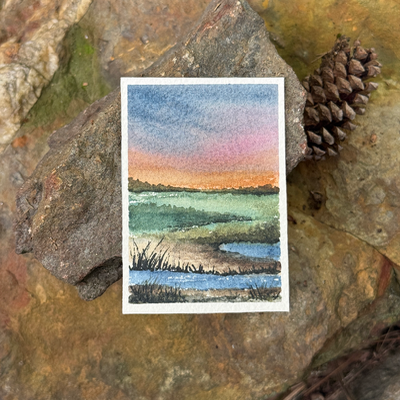 ACEO Watercolor, Landscape, Original, Marsh, “Colorful Land”, 3.5x2.5in, By Lark Watercolor and Art aceo art card thumbnail 1