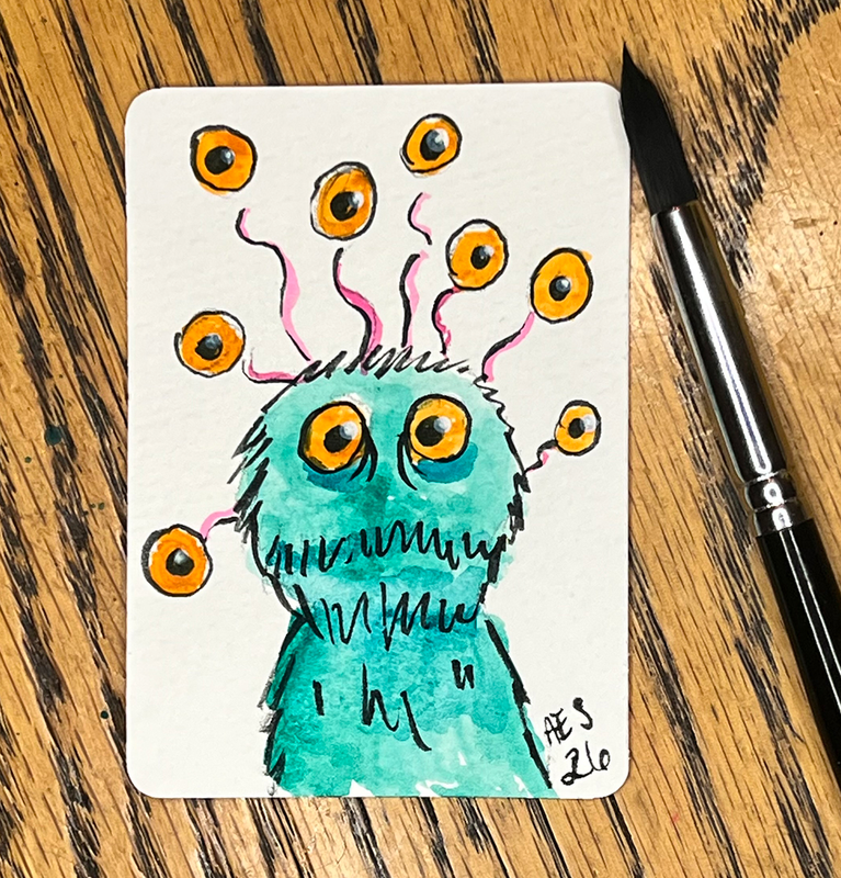 Teal Eyeball Monster aceo art card
