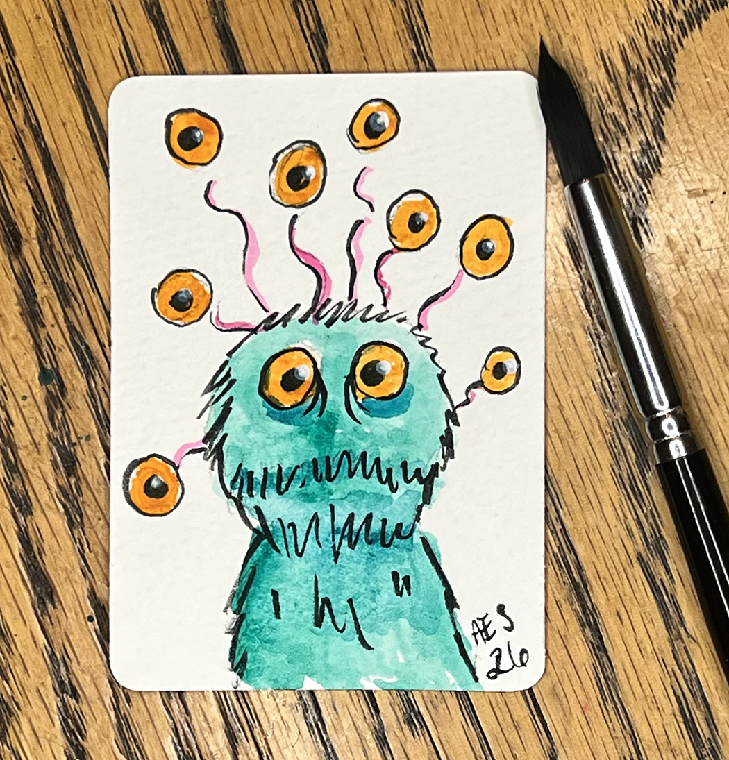Teal Eyeball Monster aceo art card