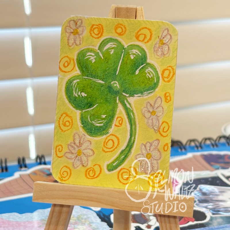 ACEO  colored pencil green clover Irish luck signed that.weird.art.chick aceo art card