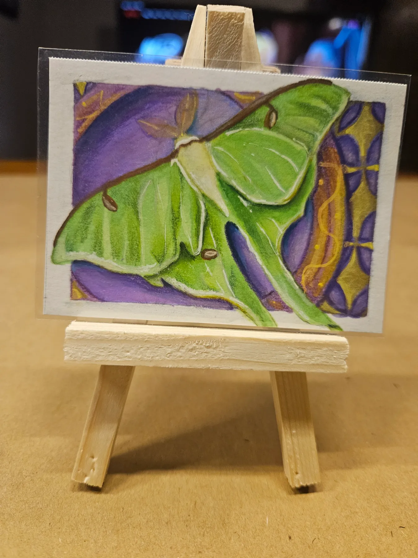 Luna Moth on purple and yellow background_Original_mixed media_ACEO_OOAK aceo art card