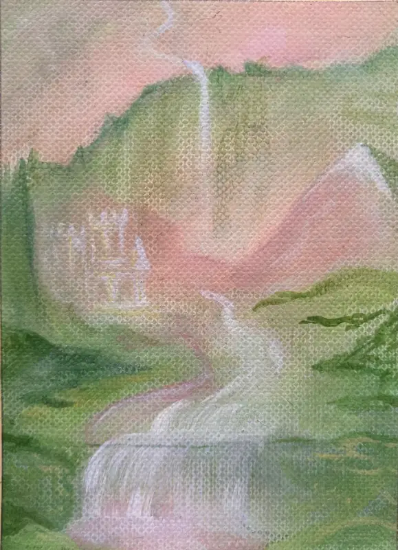 Waterfalls and a Castle aceo art card