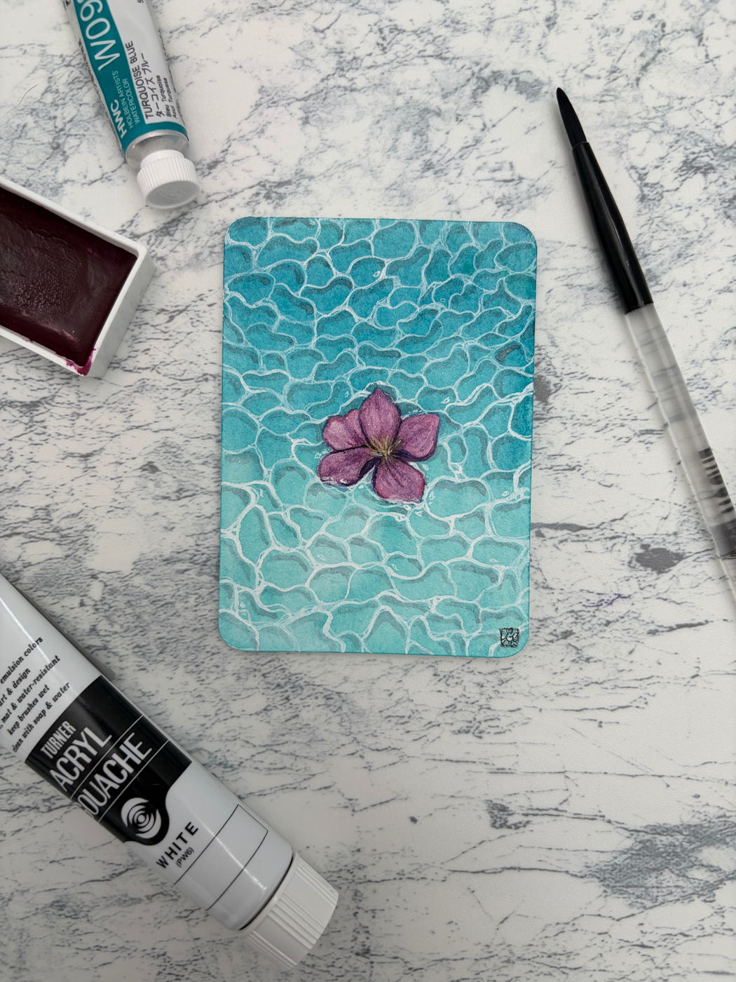 Purple wildflower in water ripple waves aceo art card