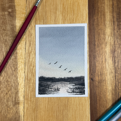 ACEO Watercolor, Landscape, Original, Marsh, “Duck pond”, 3.5x2.5in, By Lark Watercolor and Art aceo art card thumbnail 4