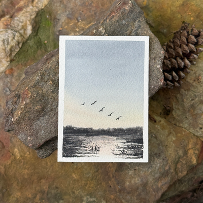 ACEO Watercolor, Landscape, Original, Marsh, “Duck pond”, 3.5x2.5in, By Lark Watercolor and Art aceo art card thumbnail 2