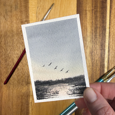 ACEO Watercolor, Landscape, Original, Marsh, “Duck pond”, 3.5x2.5in, By Lark Watercolor and Art aceo art card thumbnail 5