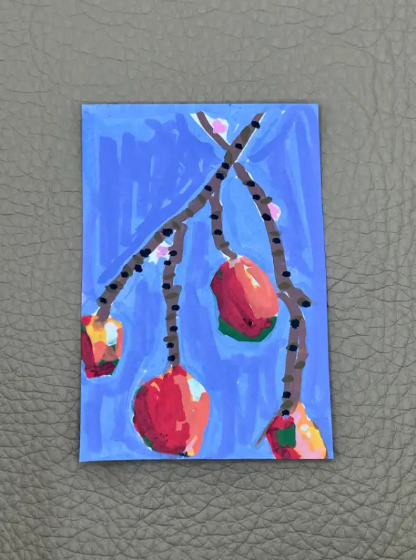 Abstract Fruit Original Painting 2.5x3.5" Purple and Red Contrast aceo art card