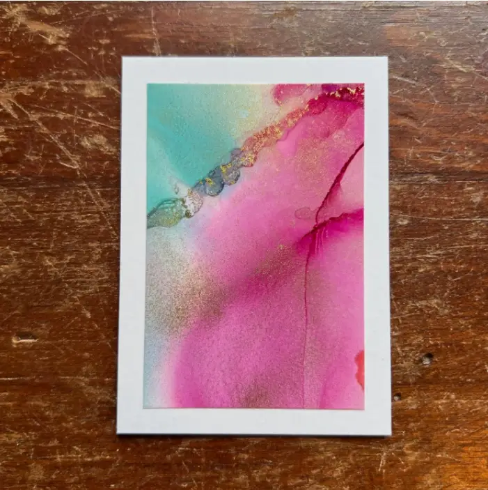 Abstract Alcohol Ink Painting; Hot Pink, Teal & Gold Sparkle Flow Art aceo art card