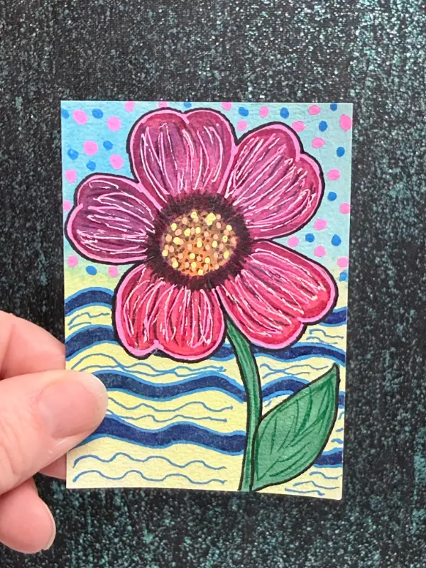 Big Red Whimsical Flower Art aceo art card