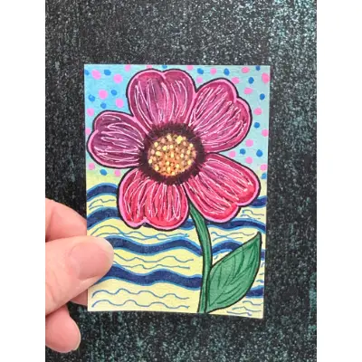 Big Red Whimsical Flower Art aceo art card thumbnail 1