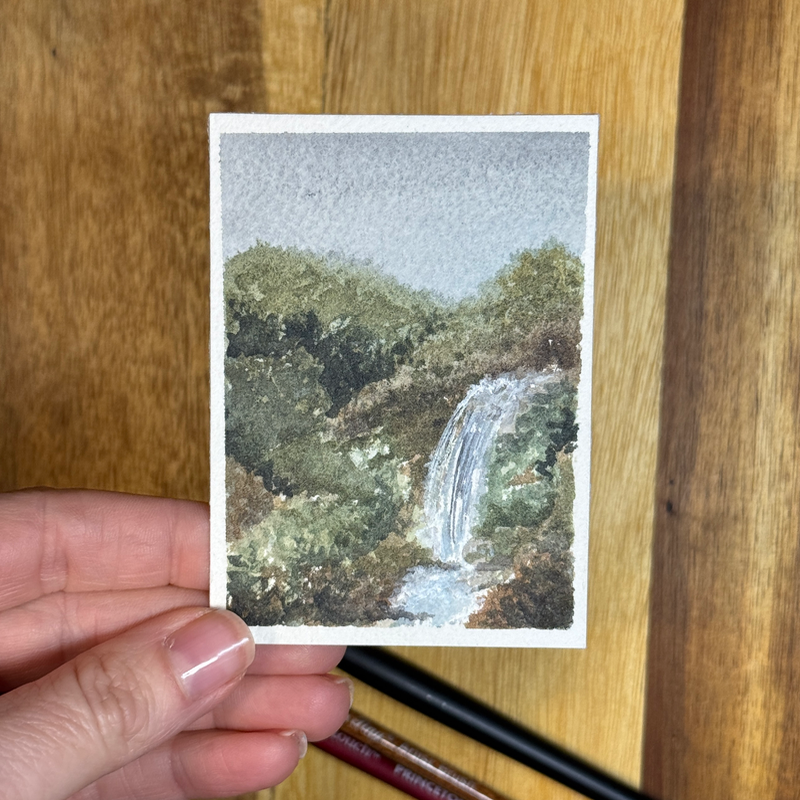 ACEO Watercolor, Landscape, Original, Marsh, “Mountain Waterfall”, 3.5x2.5in, By Lark Watercolor aceo art card