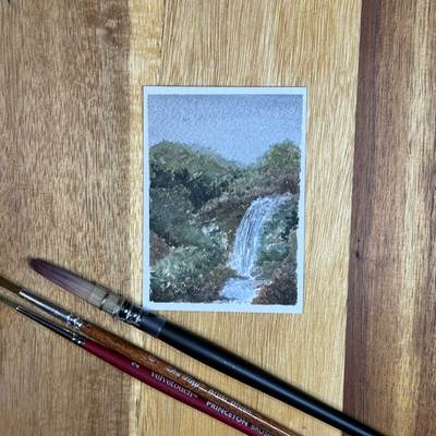 ACEO Watercolor, Landscape, Original, Marsh, “Mountain Waterfall”, 3.5x2.5in, By Lark Watercolor aceo art card thumbnail 3
