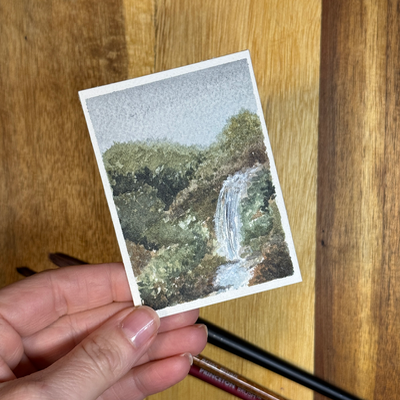 ACEO Watercolor, Landscape, Original, Marsh, “Mountain Waterfall”, 3.5x2.5in, By Lark Watercolor aceo art card thumbnail 2
