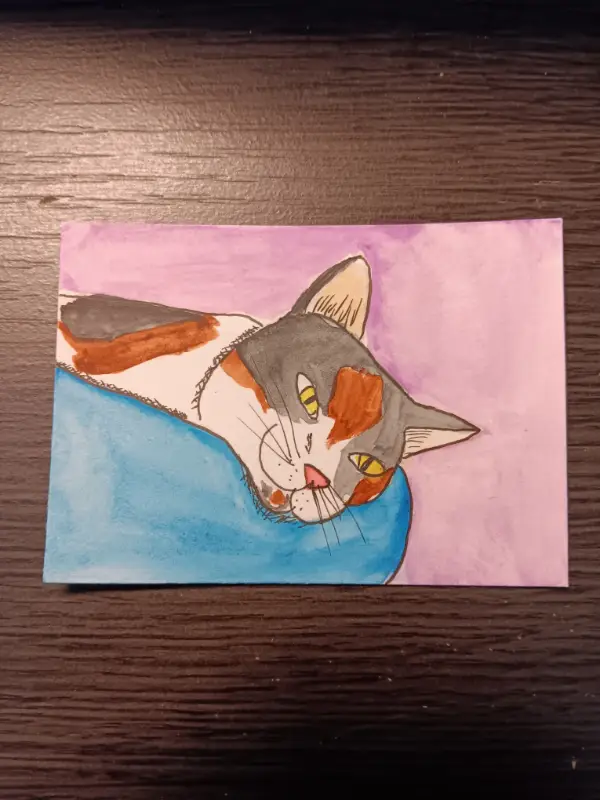Sleepy Kitty Watercolor/Ink ACEO aceo art card