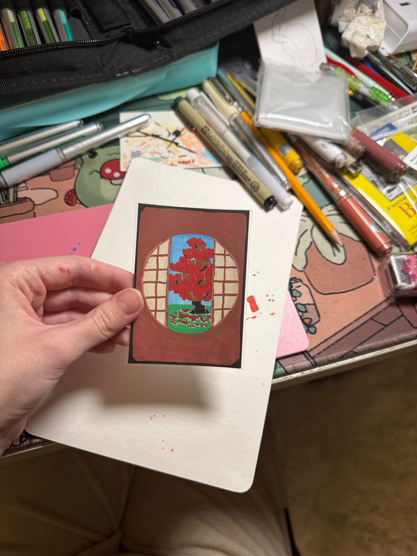 ACEO Original Miniature Painting Acrylic 2.5 X 3.5 Rainy Japanese Garden aceo art card