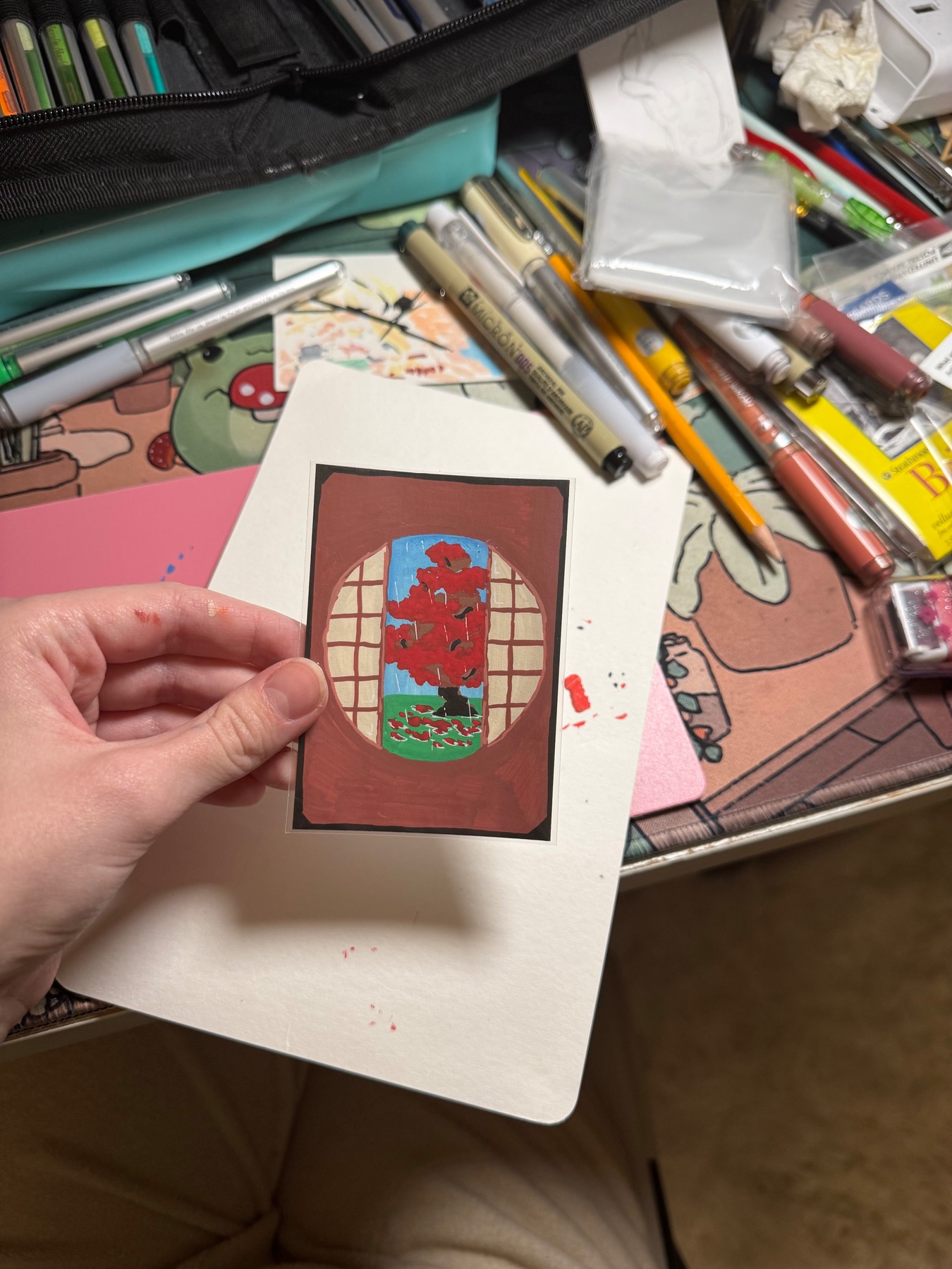 ACEO Original Miniature Painting Acrylic 2.5 X 3.5 Rainy Japanese Garden aceo art card