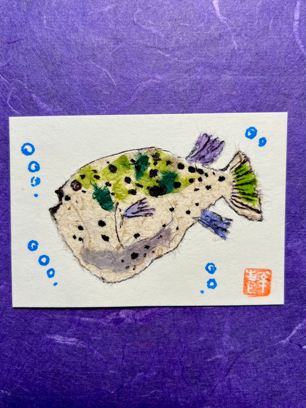 Puffer fish- Japanese Washi art aceo art card