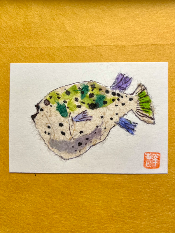 Puffer fish- Japanese Washi art aceo art card