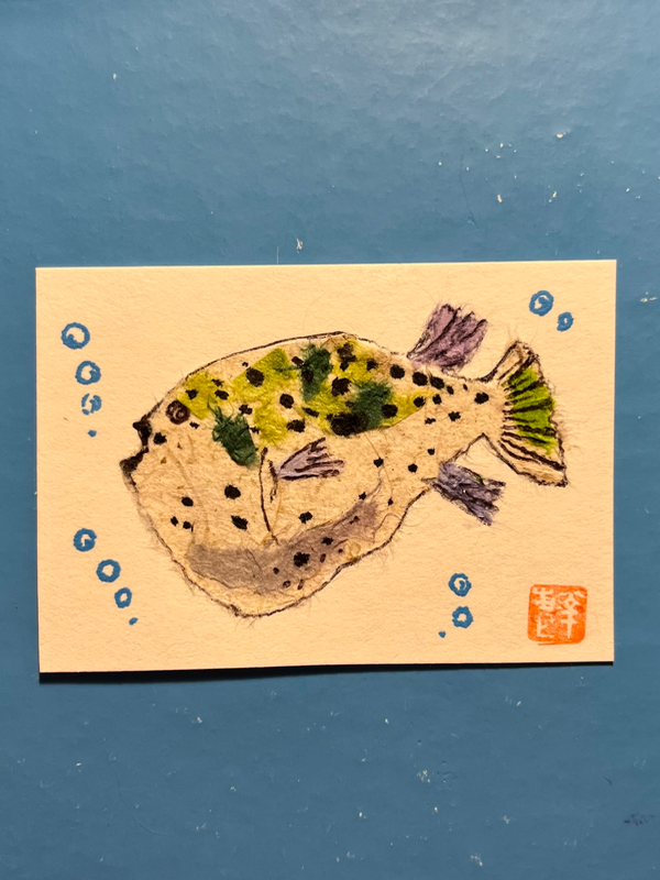 Puffer fish- Japanese Washi art aceo art card